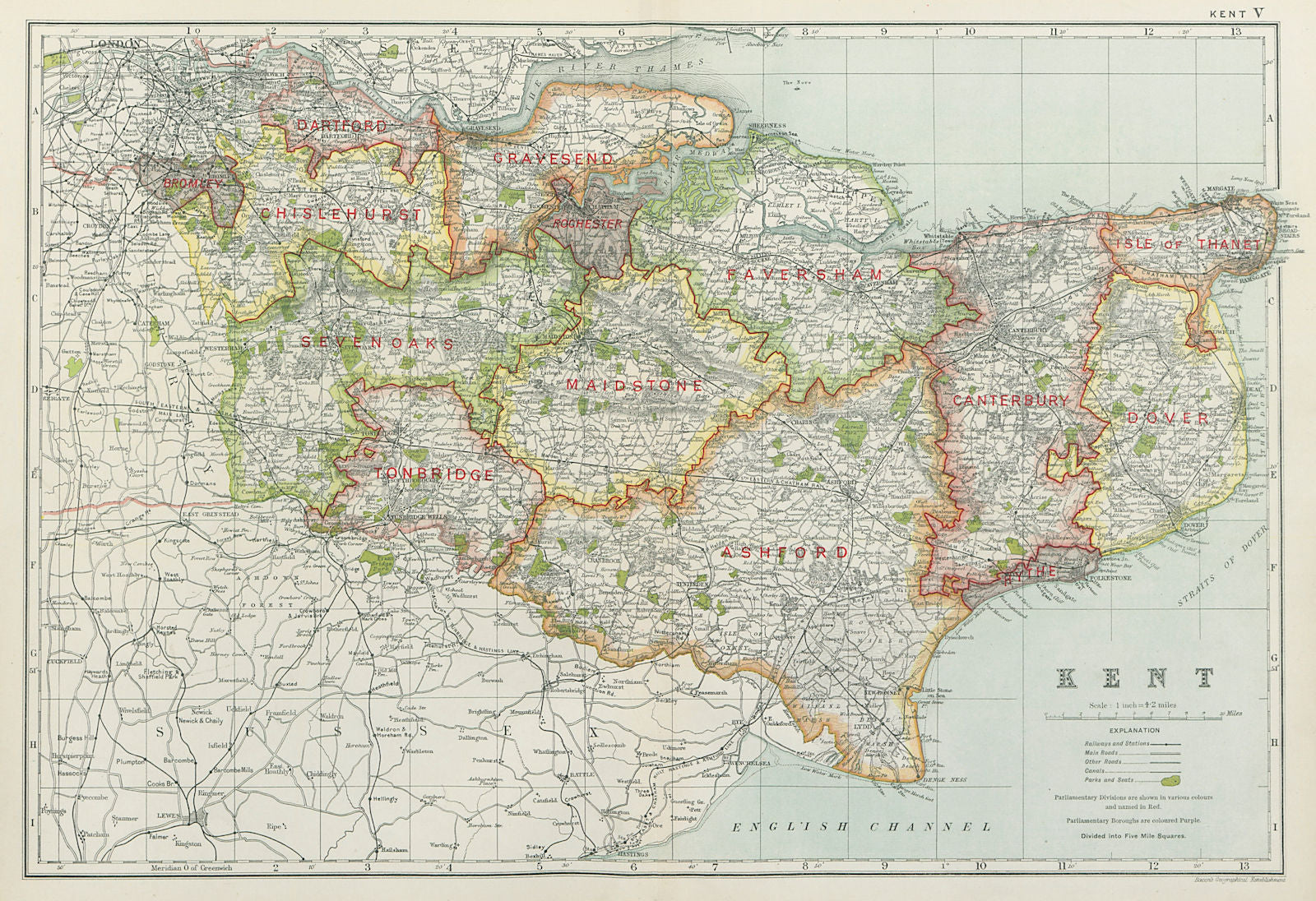 KENT. Showing Parliamentary divisions, boroughs & parks. BACON 1920 old map